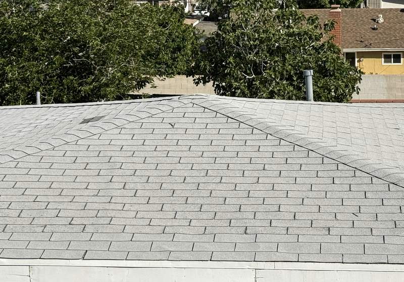 Light-gray asphalt shingle roof plane rising to a capped ridge, with a pipe penetration and trees beyond the eave.